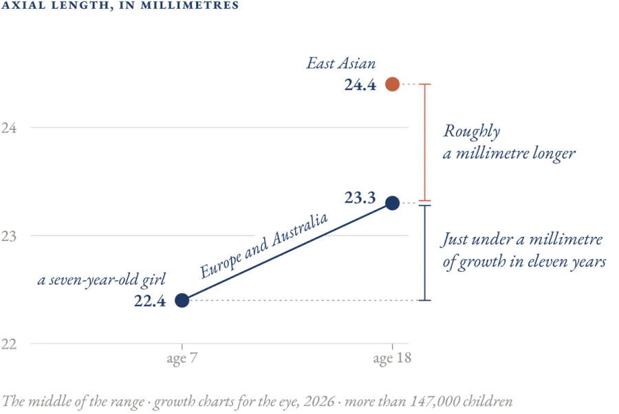 Diagram comparing the length of a healthy child's eye with an eye that has grown about one millimetre too long, and where the image lands in each